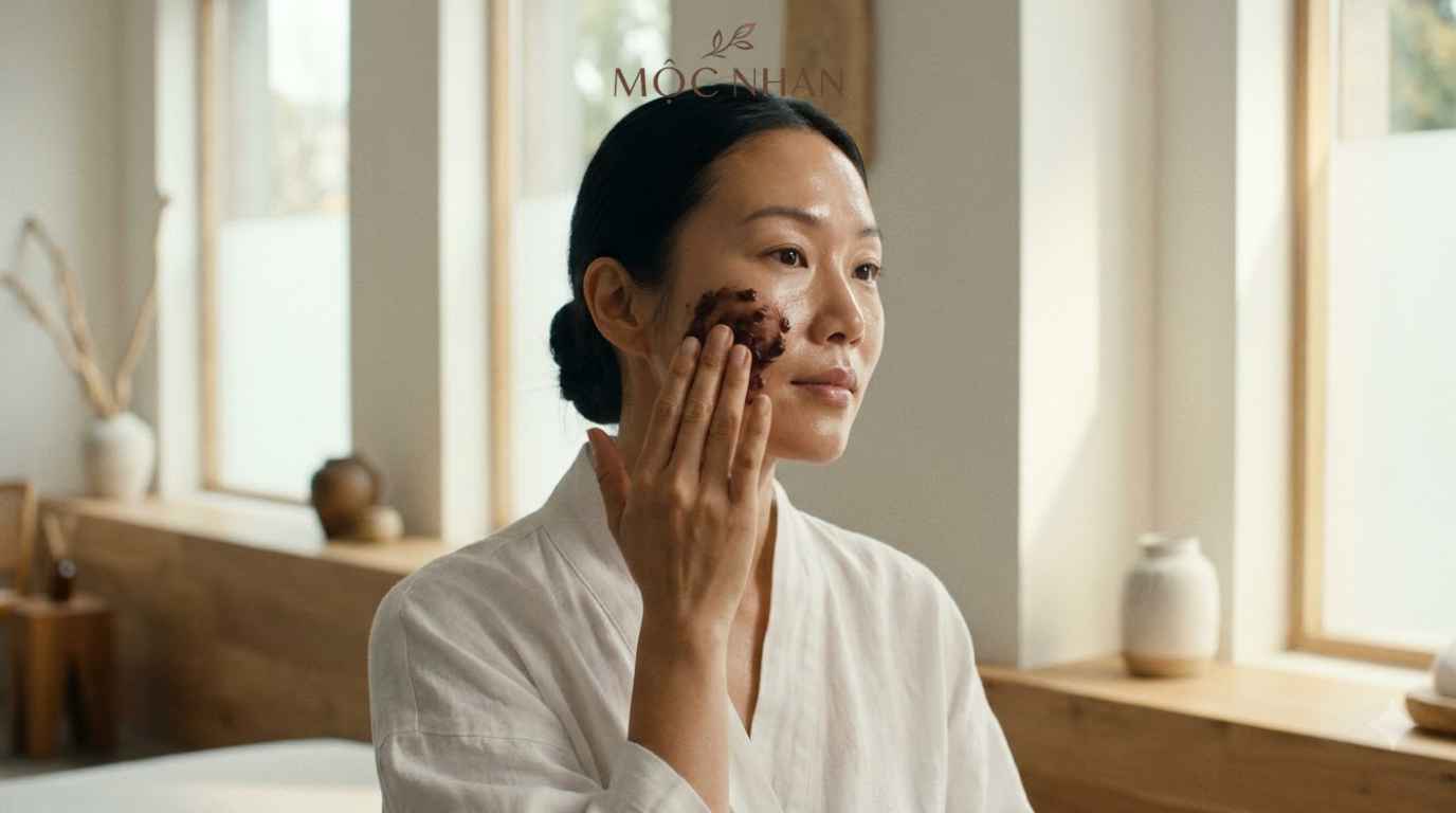 Đắp mặt nạ bột đậu đỏ dưỡng da.