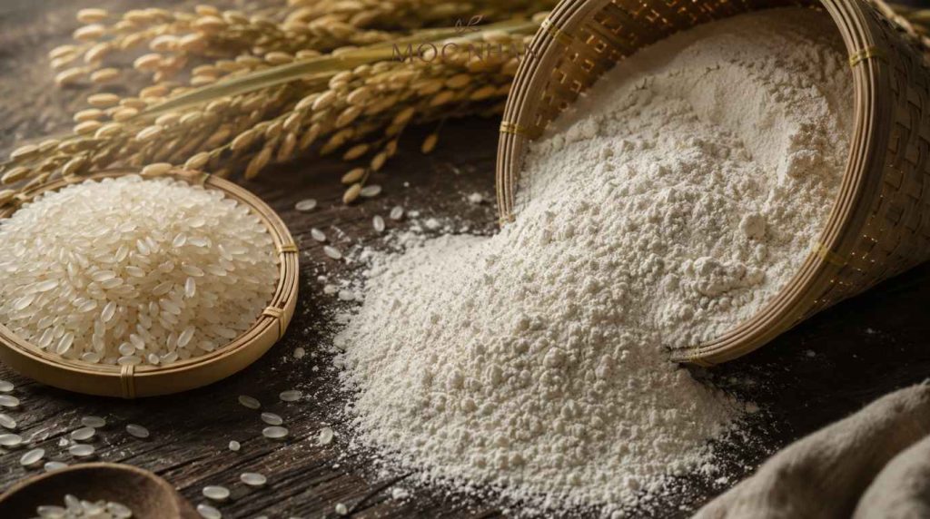 Bột gạo làm đẹp nguyên chất và hạt gạo tươi dưỡng da dịu nhẹ.