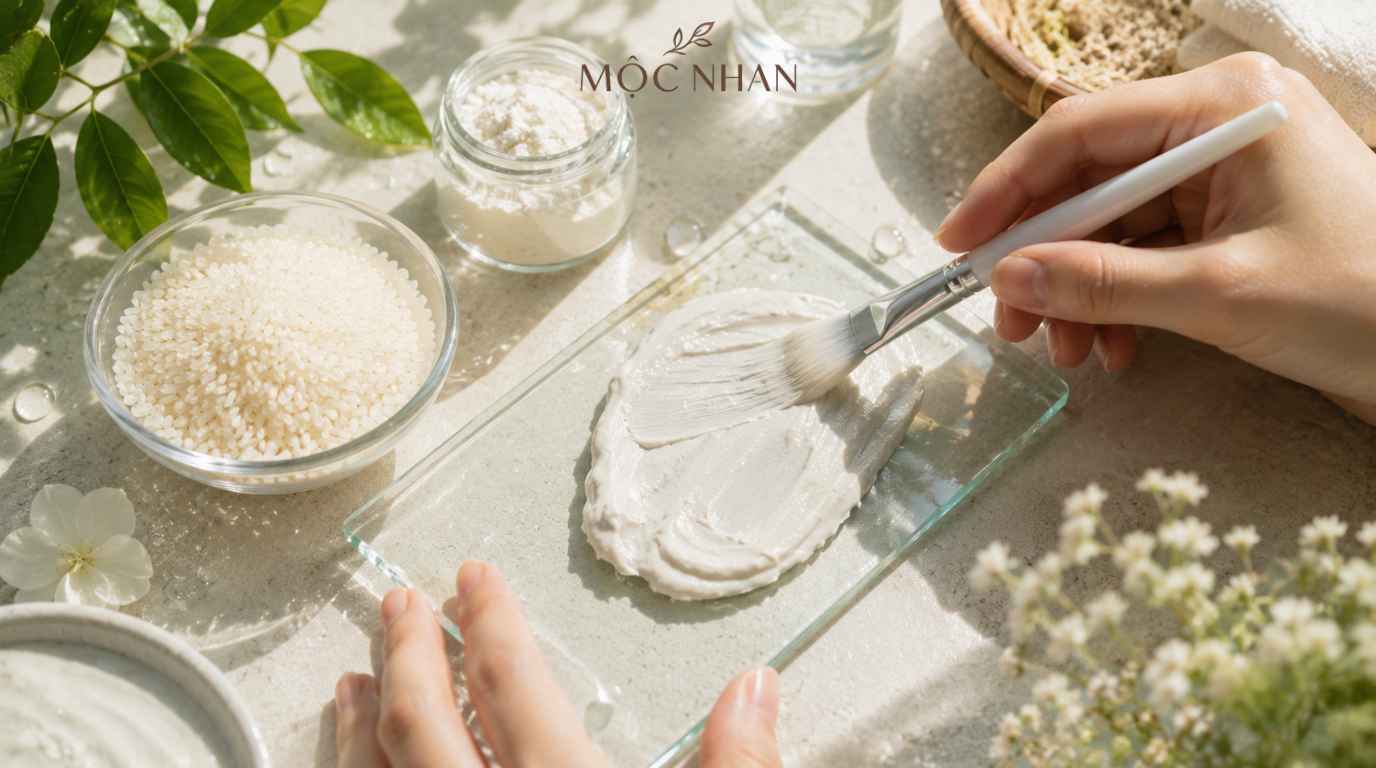 Trộn bột gạo với sữa tươi tạo lớp mặt nạ sánh mịn.