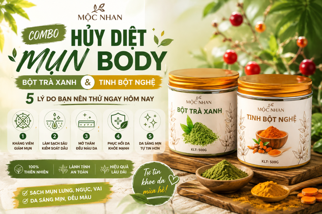 Combo hủy diệt mụn body bột trà xanh và tinh bột nghệ